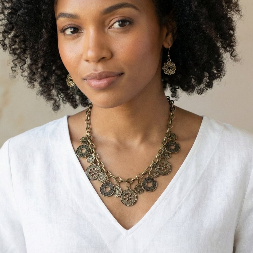 Vintage Brass Charm Necklace | Floral Medallion & Daisy Charms | Boho Statement